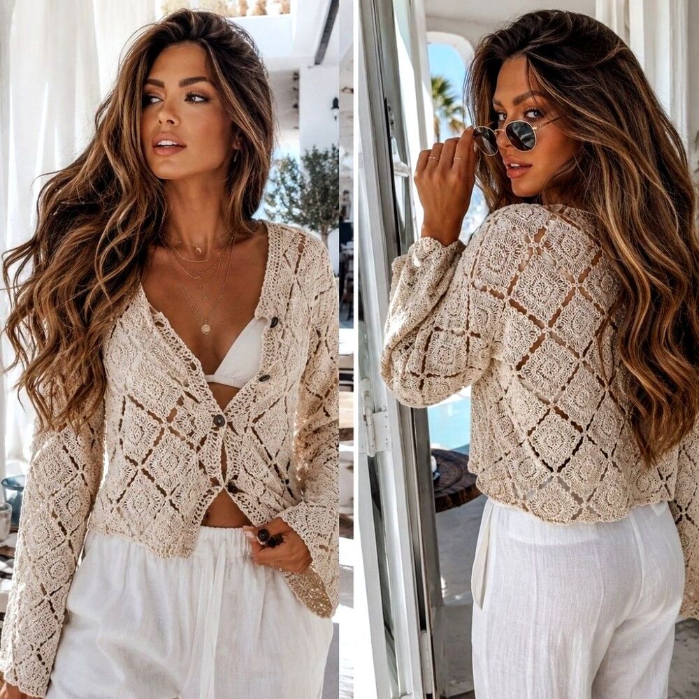 Bobeau L Beige Coastal Cowgirl Crochet Cardigan Open Knit Boho Festival Cottage